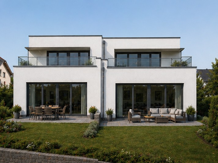 Doppelhaus Butzbach Weiseler Straße, Flachdach, gestaffelter Baukörper, Bauhaus-Stil