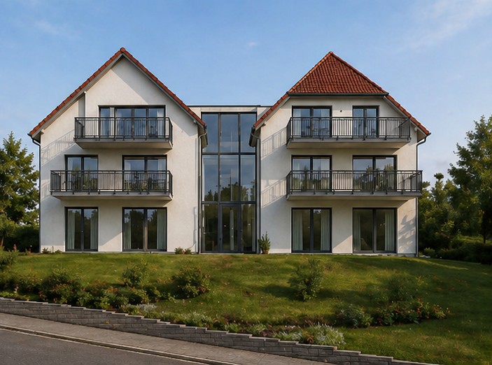 Mehrfamilienhaus Am Stadtwall Butzbach, Satteldach, Rotziegel, Balkone